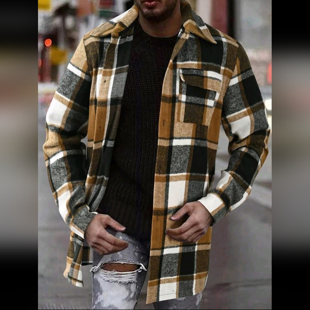 NEW! PLAID SHACKET JACKET TAN BROWN MEDIUM